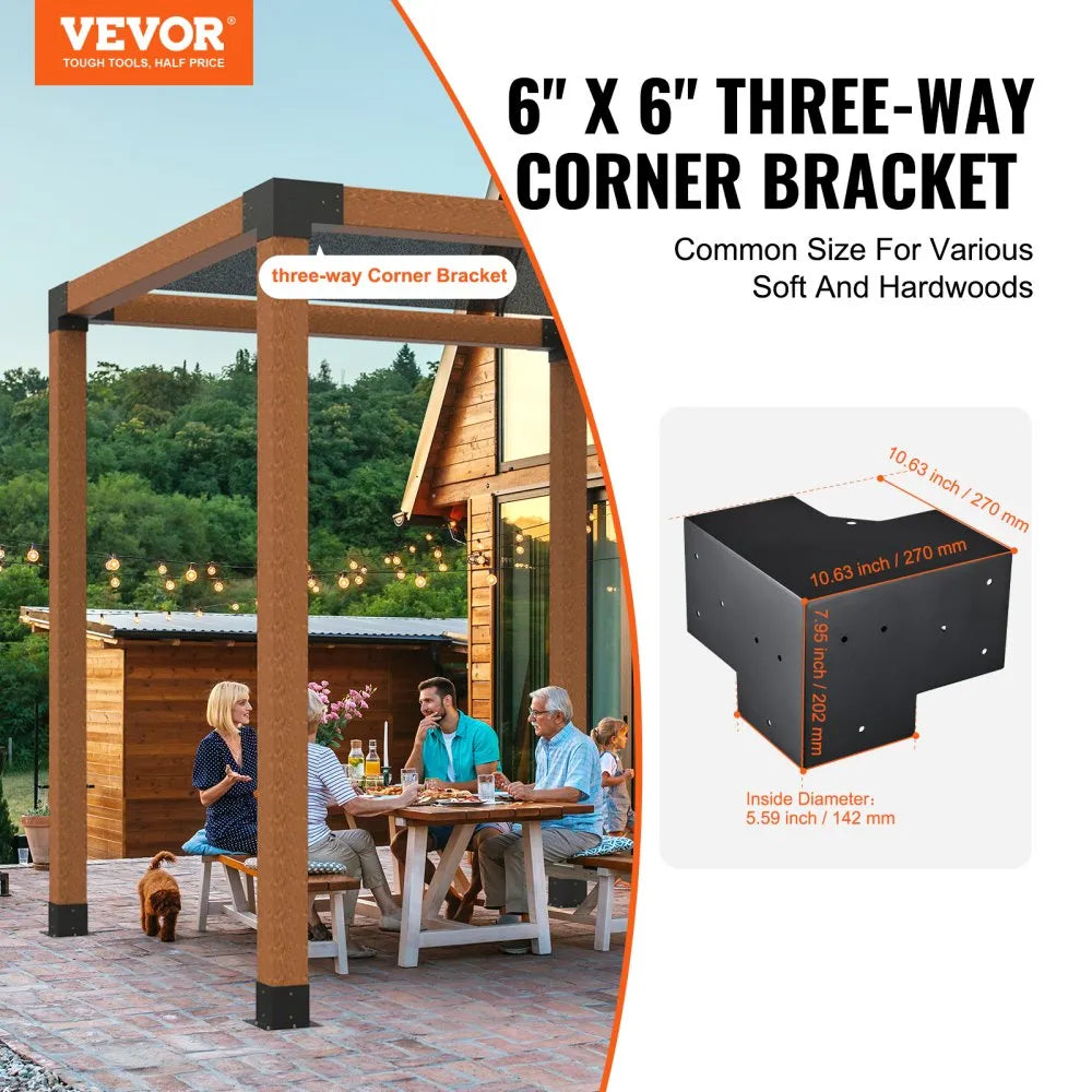 VEVOR Pergola Bracket Kit 6''x6''(Inner Size 5.6x5.6), 4pcs 3-Way Heavy Duty Corner Bracket Woodworks DIY Post Base Kit, Easy Installation Wooden Beams for Gazebos, Patio Pergolas, Log Cabin Outdoor