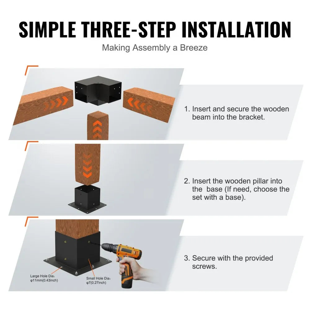 VEVOR Pergola Bracket Kit 6''x6''(Inner Size 5.6x5.6), 4pcs 3-Way Heavy Duty Corner Bracket Woodworks DIY Post Base Kit, Easy Installation Wooden Beams for Gazebos, Patio Pergolas, Log Cabin Outdoor