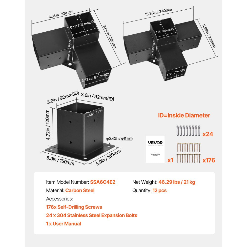 VEVOR Pergola Kit, 4x4 Inch Pergola Brackets for 3.5x3.5 Inch Wood Beams in Actual Dimension, 3-Way (4 Pcs) and 4-Way (2 Pcs) Gazebo Brackets with 6 Post Bases, for Outdoor Pergolas, Gazebos, Sheds