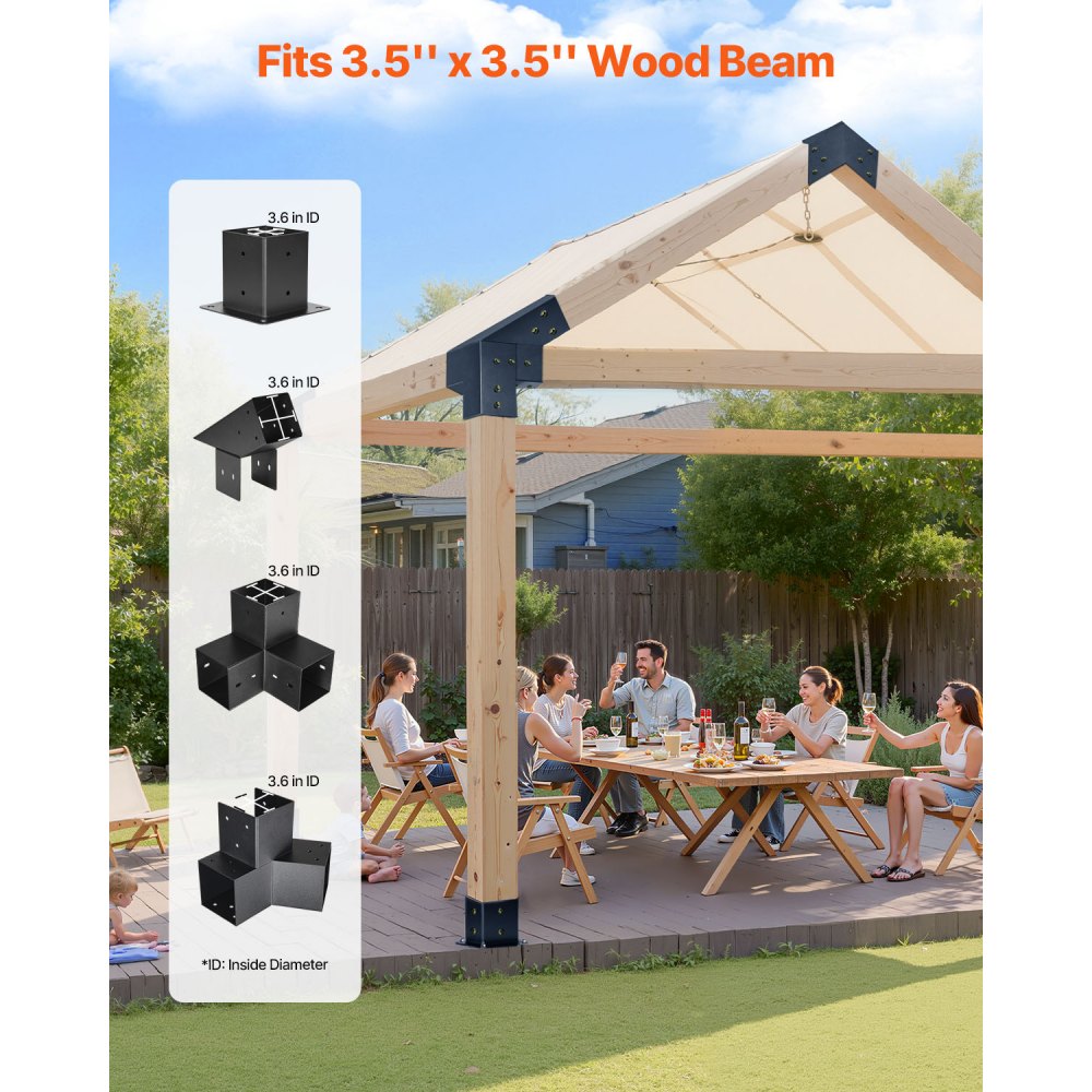 VEVOR Pergola Kit, 4x4 Inch Pointed-Roof Pergola Brackets for 3.5x3.5 In Lumbers in Actual Size, 3-Way / 4-Way Gazebo Bracket with Post Bases & Ridge Brackets for Outdoor Pergolas Gazebo Shed, 14 Pcs