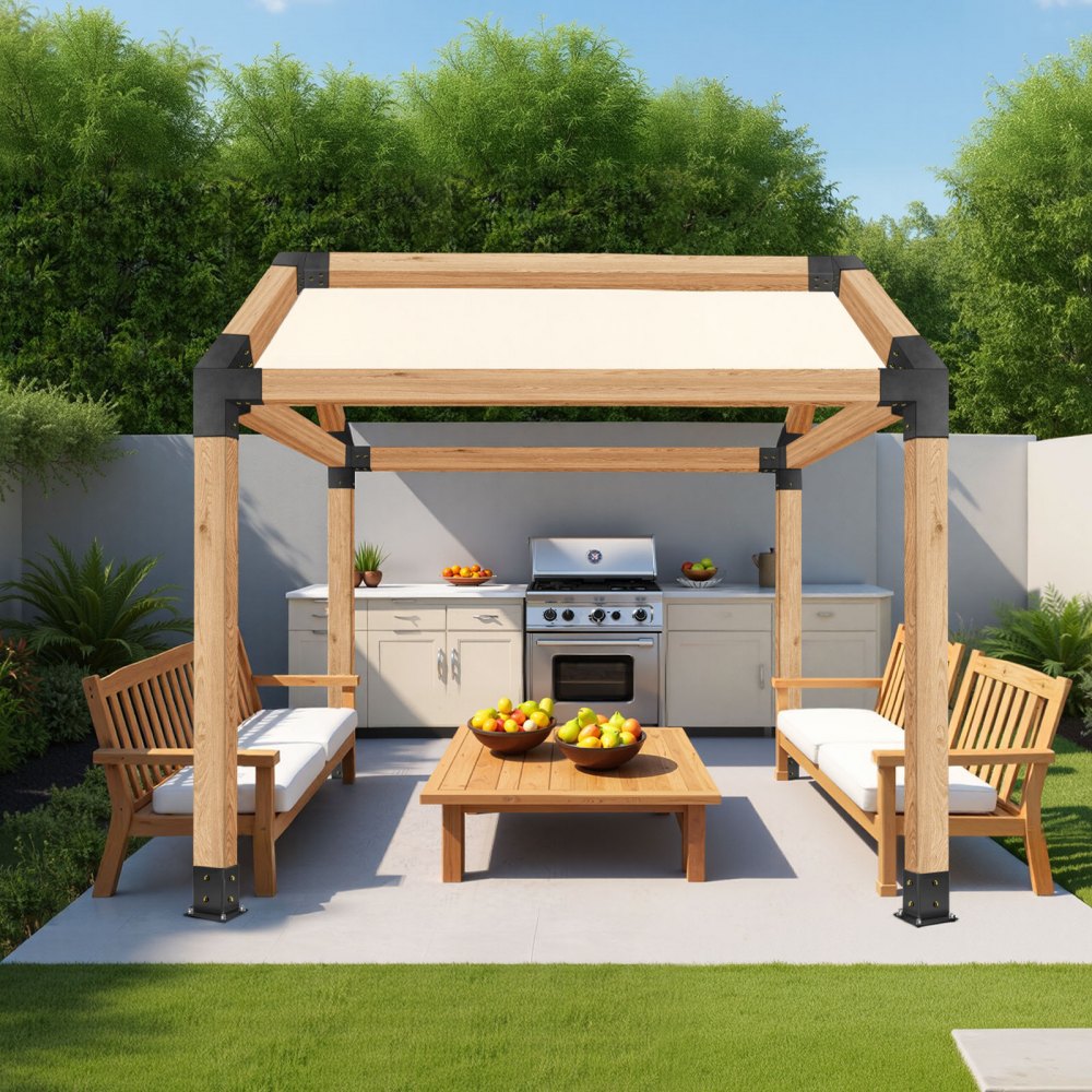 VEVOR Pergola Kit, 4x4 Inch Pointed-Roof Pergola Brackets for 3.5x3.5 In Lumbers in Actual Size, 3-Way / 4-Way Gazebo Bracket with Post Bases & Ridge Brackets for Outdoor Pergolas Gazebo Shed, 14 Pcs