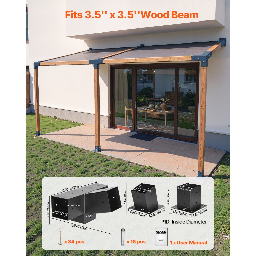 VEVOR Pergola Kit, 4x4 Inch 4-Way Slanted Bracket for 3.5x3.5 Inch Wood Beams in Actual Size, Carbon Steel Pergola Bracket with Post Base and Wall Mount Base, for Outdoor Pergolas, Gazebos, Sheds