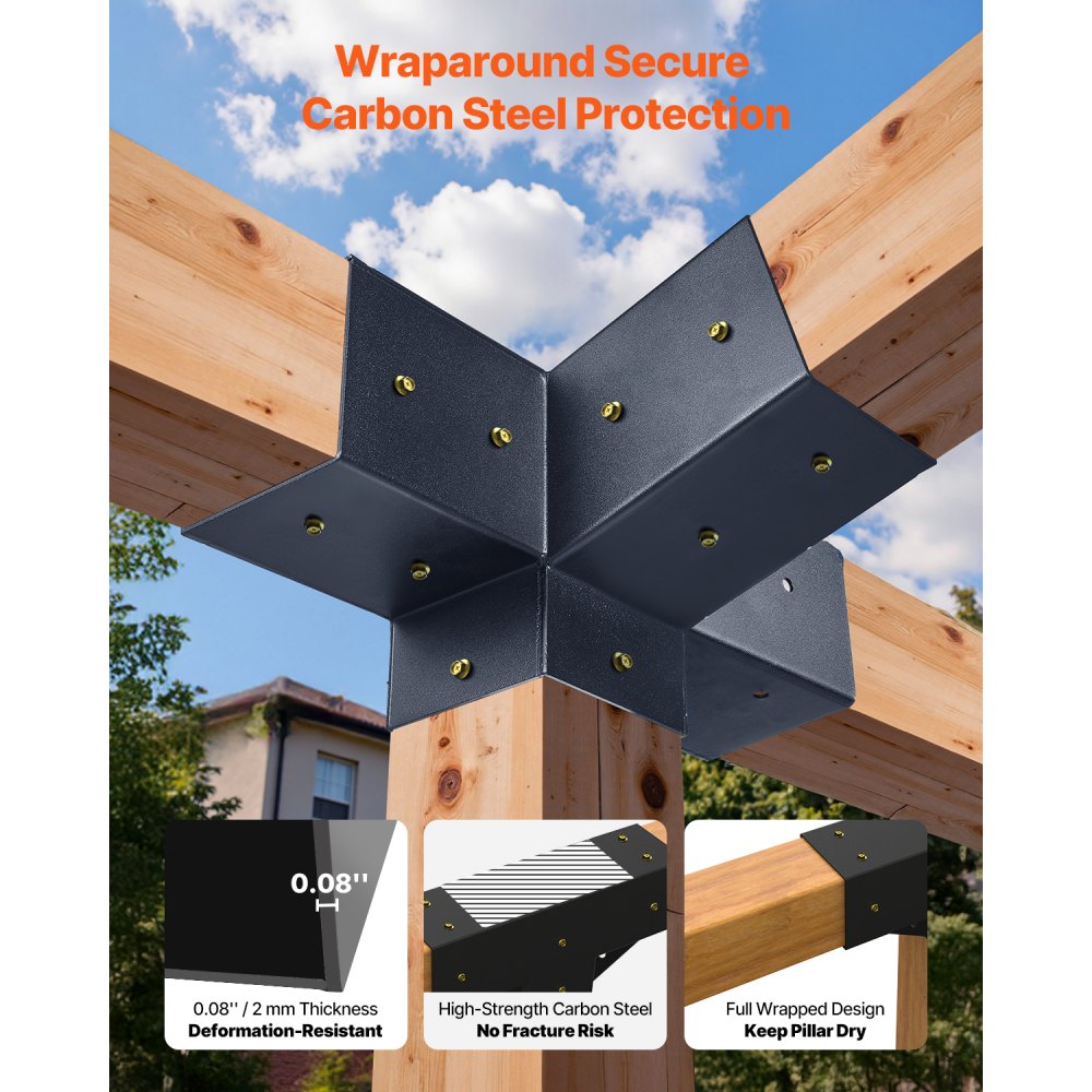 VEVOR Pergola Kit, 4x4 Inch 4-Way Slanted Bracket for 3.5x3.5 Inch Wood Beams in Actual Size, Carbon Steel Pergola Bracket with Post Base and Wall Mount Base, for Outdoor Pergolas, Gazebos, Sheds