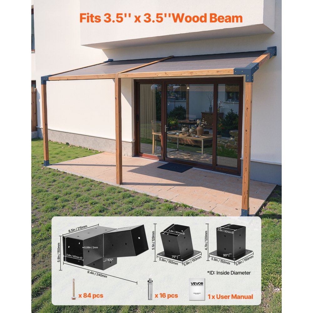 VEVOR Pergola Kit, 4x4 Inch 3-Way Slanted Brackets for 3.5x3.5 Inch Wood Beams in Actual Size, 2-Pack Pergola Brackets with 2 Post Bases and 2 Wall Mount Bases, for Outdoor Pergolas, Gazebos, Sheds