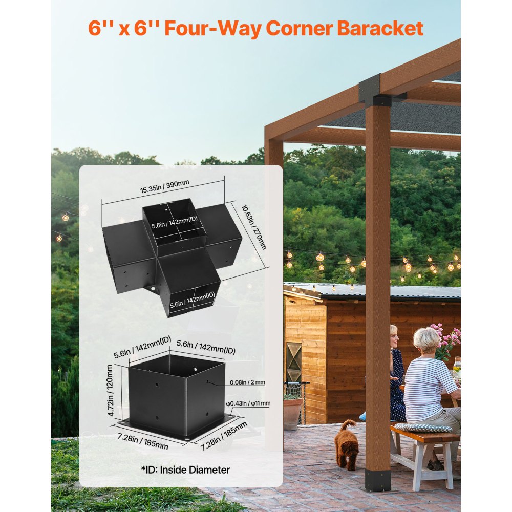 VEVOR Pergola Bracket Kit 6''x6''(Inner Size 5.6x5.6), 4pcs 4-Way Heavy Duty Corner Bracket Woodworks DIY Post Base Kit, Easy Installation Wooden Beams for Gazebos, Patio Pergolas, Log Cabin Outdoor