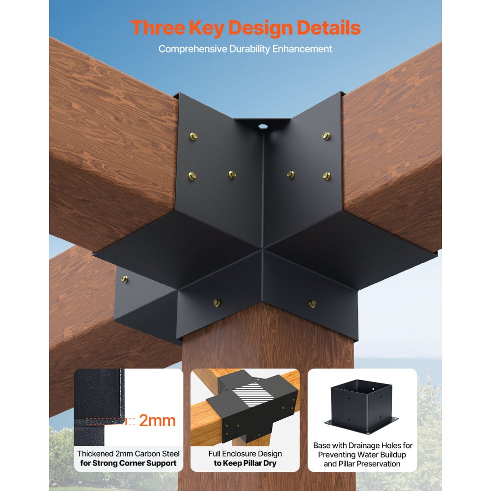 VEVOR Pergola Bracket Kit 6''x6''(Inner Size 5.6x5.6), 4pcs 4-Way Heavy Duty Corner Bracket Woodworks DIY Post Base Kit, Easy Installation Wooden Beams for Gazebos, Patio Pergolas, Log Cabin Outdoor