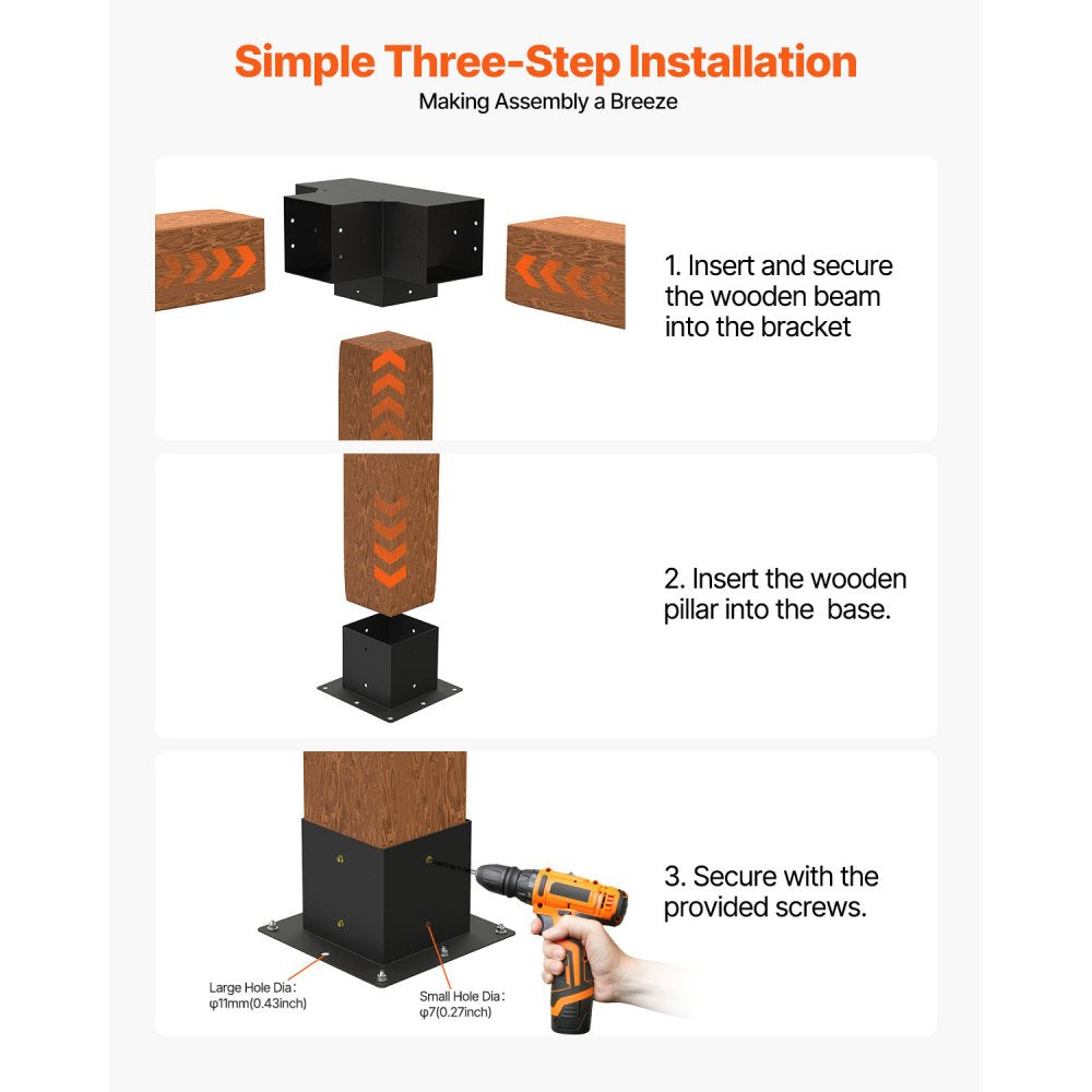 VEVOR Pergola Bracket Kit 6''x6''(Inner Size 5.6x5.6), 4pcs 4-Way Heavy Duty Corner Bracket Woodworks DIY Post Base Kit, Easy Installation Wooden Beams for Gazebos, Patio Pergolas, Log Cabin Outdoor