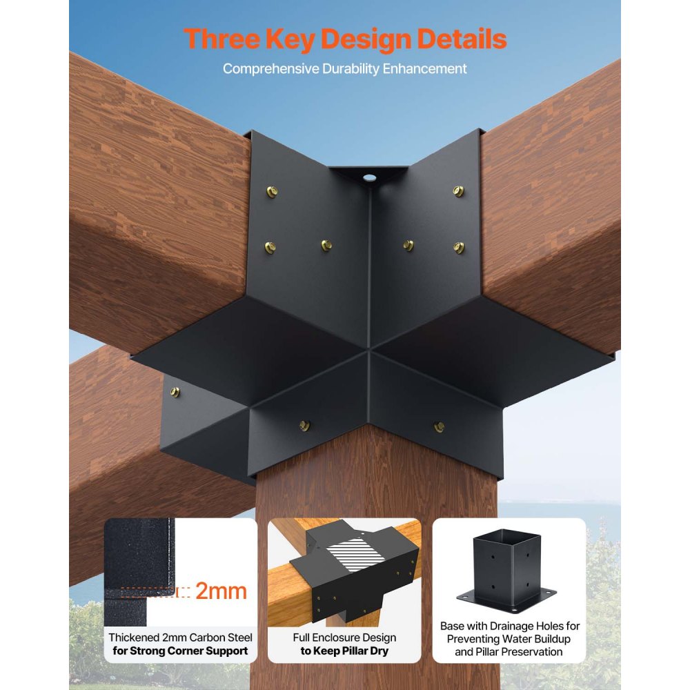 VEVOR Pergola Bracket Kit, 4x4 Inch (Inner Size 3.5x3.5), 2 Pcs 4-Way Heavy Duty Corner Bracket Woodworks DIY Post Base Kit, Easy Installation Wooden Beams for Gazebos, Patio Pergolas, Log Cabin