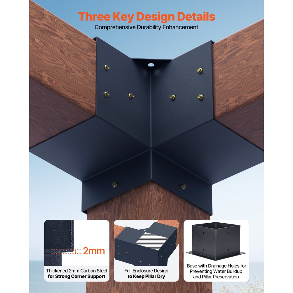 VEVOR Pergola Bracket Kit, 6x6 Inch (Inner Size 5.5x5.5), 4 Pcs 3-Way Heavy Duty Corner Bracket Woodworks DIY Post Base Kit, Easy Installation Wooden Beams for Gazebos, Patio Pergolas, Log Cabin