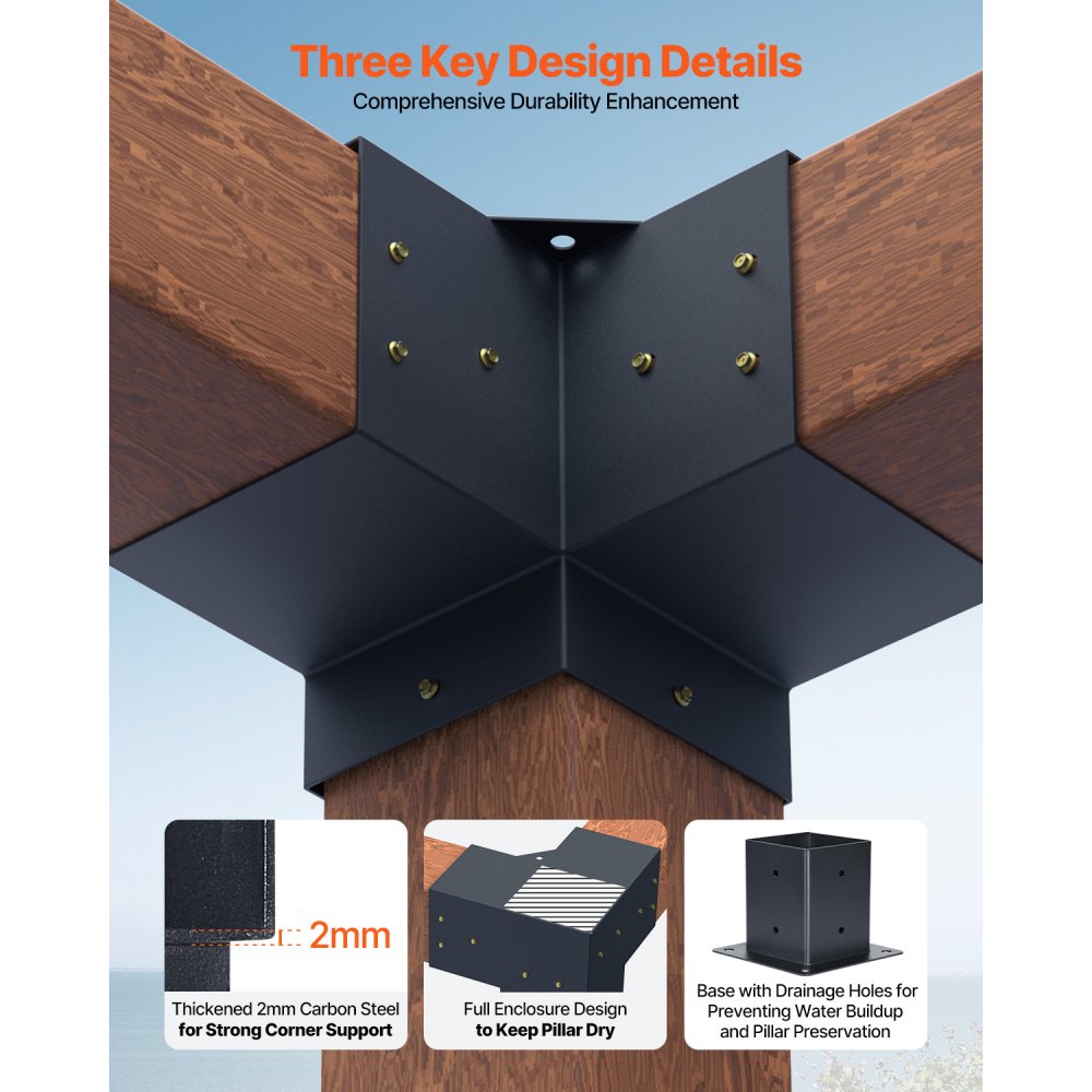 VEVOR Pergola Bracket Kit 4''x4''(Inner Size 3.6x3.6), 8pcs 3-Way Heavy Duty Corner Bracket Woodworks DIY Post Base Kit, Easy Installation Wooden Beams for Gazebos, Patio Pergolas, Log Cabin Outdoor