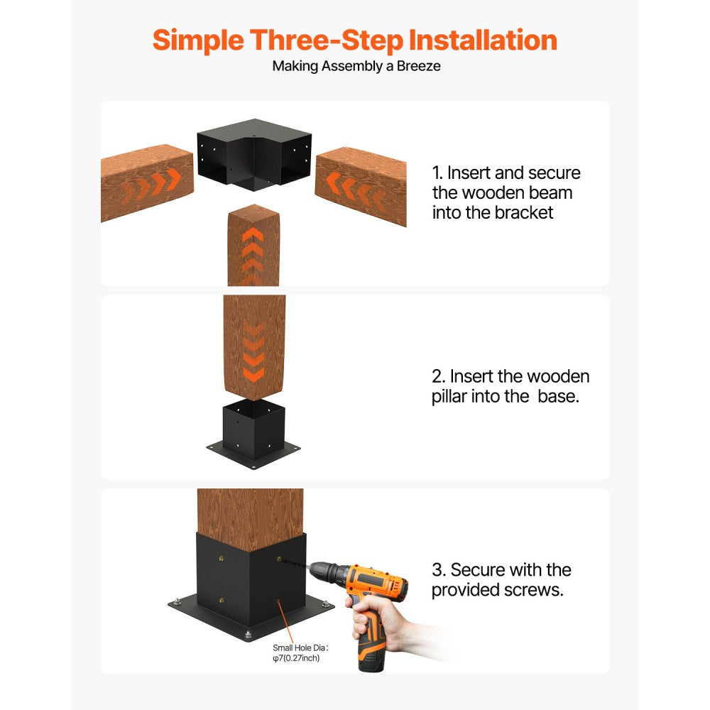 VEVOR Pergola Bracket Kit 4''x4''(Inner Size 3.6x3.6), 8pcs 3-Way Heavy Duty Corner Bracket Woodworks DIY Post Base Kit, Easy Installation Wooden Beams for Gazebos, Patio Pergolas, Log Cabin Outdoor