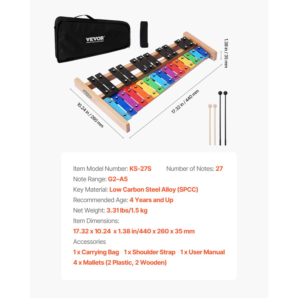 VEVOR Glockenspiel Xylophone, 27 Notes, Professional Xylophone Percussion Instrument, with Colorful Metal Keys, Includes 4 Mallets, Carrying Bag, Beginner Musical Instrument Kit for Adults and Kids