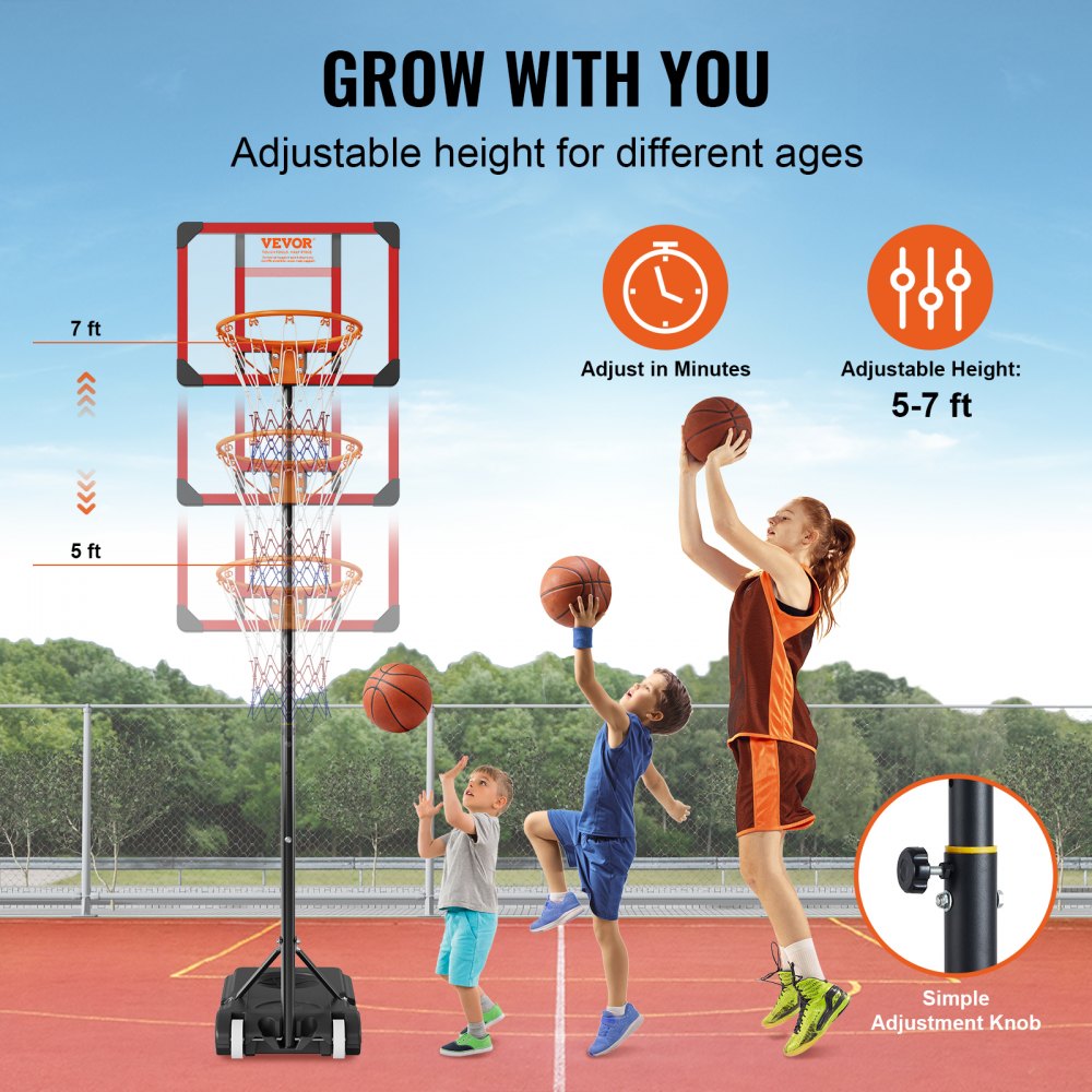 VEVOR Basketball Hoop, 5-7 ft Adjustable Height Portable Backboard System, 28 inch Basketball Hoop & Goal, Kids & Adults Basketball Set with Wheels, Stand, and Fillable Base, for Outdoor/Indoor