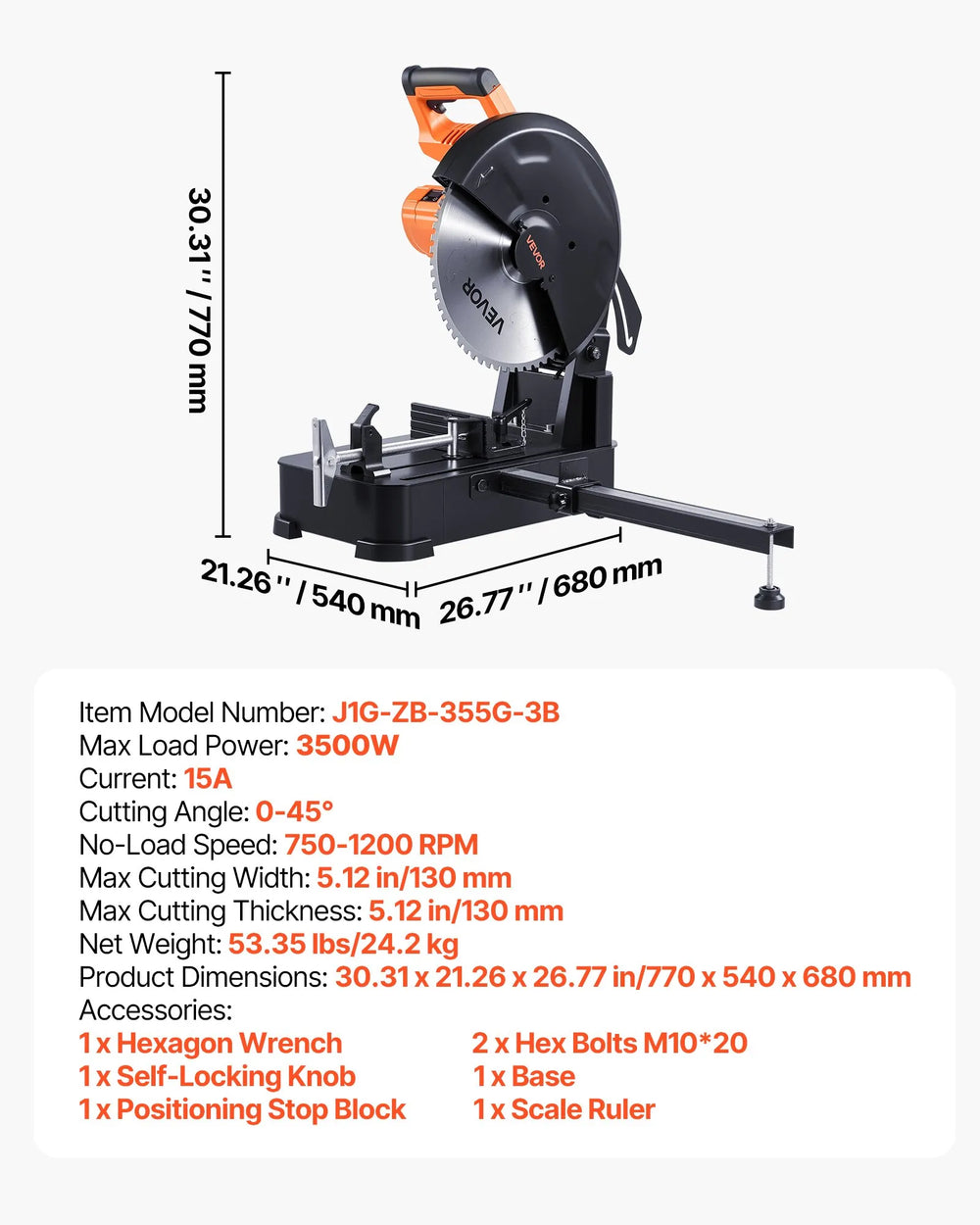VEVOR chop saw dimensions and key specs infographic (30.31 x 21.26 x 26.77 in)