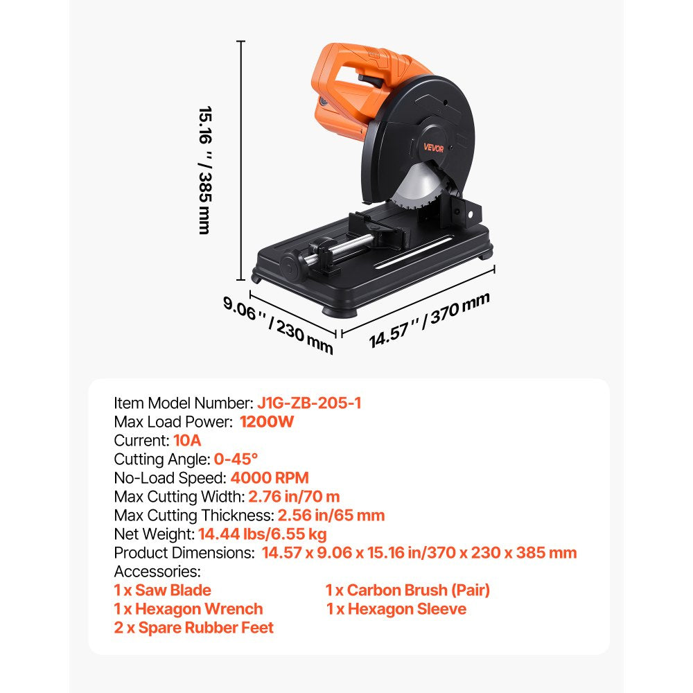 VEVOR Chop Saw 7-1/4 in Stainless Steel Cold Cut Blade 1200W Powerful Motor, for Metal Square and Flat Tubes, I-Shaped Steels, 4000 r/min Speed, 0-45° Adjustable Cutting Angle, Metal Cutting Chop Saw