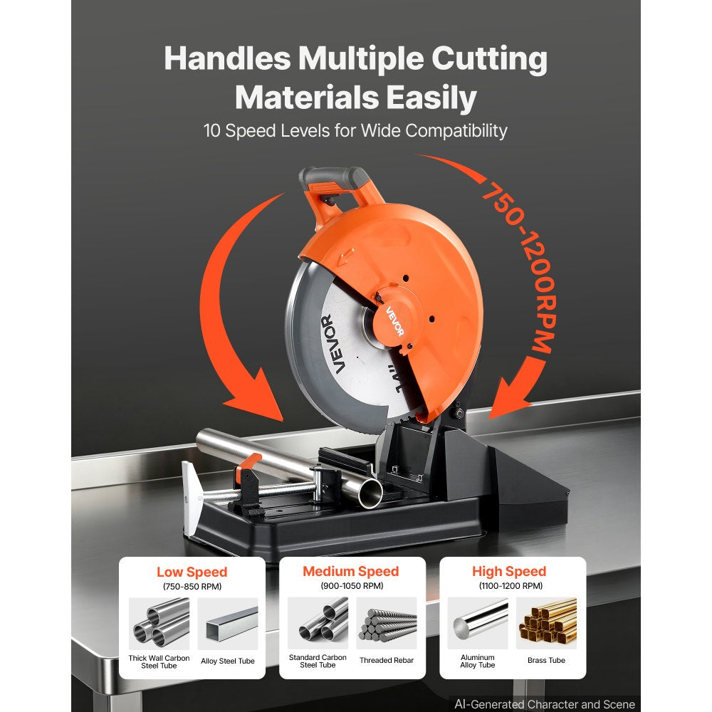 VEVOR Chop Saw 14-inch Cold Cut Blade 3500 W Brushless Motor Cut Off Saw, For Cutting Metal, -45° to 45° Adjustable Angle, 750-1200 r/min Adjustable Speed, Dry Cutting, with Chip Collection Box