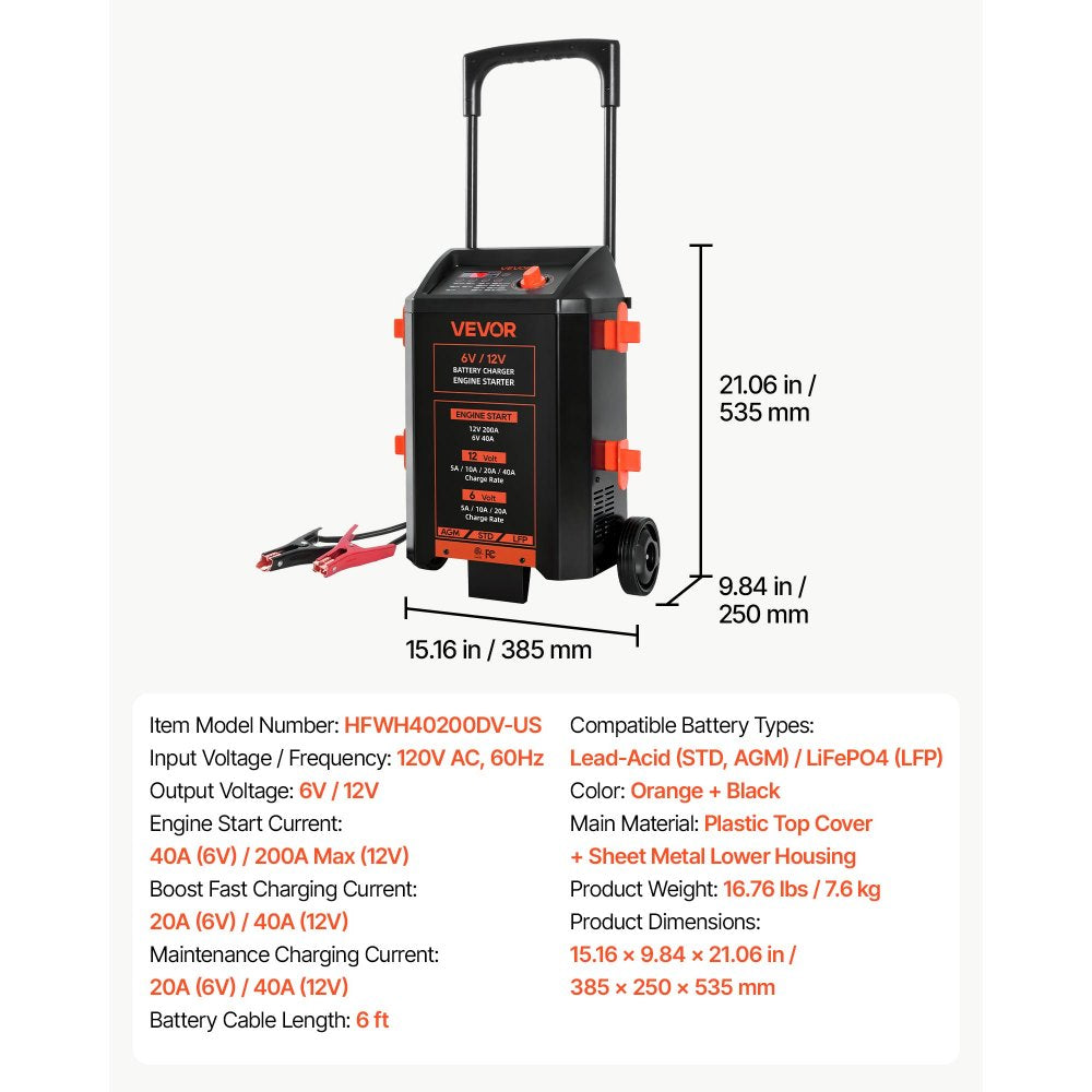 VEVOR Wheeled Battery Charger 6V/12V 40A/200A Car Charger Engine Starter, Heavy Duty Automotive Car Battery Maintainer, Fully Automatic, with Wheels, Compatible with Lead-Acid and Lithium Batteries