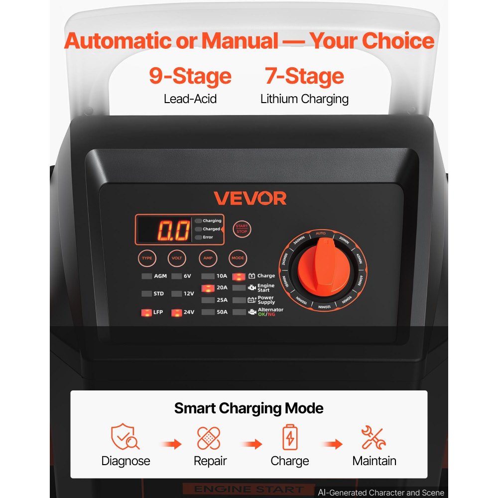 VEVOR Wheeled Battery Charger 6V/12V/24V 50A/250A/100A Car Charger Starter, Heavy Duty Automotive Car Battery Maintainer Engine Start, Fully Automatic, with Wheels, for Lead-Acid and Lithium Batteries