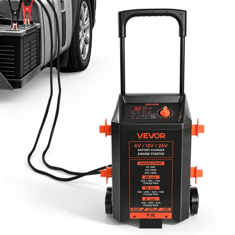 VEVOR Wheeled Battery Charger 6V/12V/24V 50A/250A/100A Car Charger Starter, Heavy Duty Automotive Car Battery Maintainer Engine Start, Fully Automatic, with Wheels, for Lead-Acid and Lithium Batteries