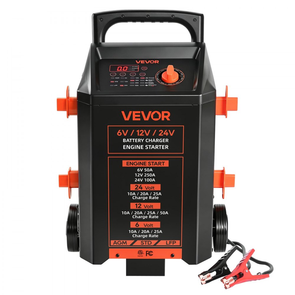 VEVOR Wheeled Battery Charger 6V/12V/24V 50A/250A/100A Car Charger Starter, Heavy Duty Automotive Car Battery Maintainer Engine Start, Fully Automatic, with Wheels, for Lead-Acid and Lithium Batteries