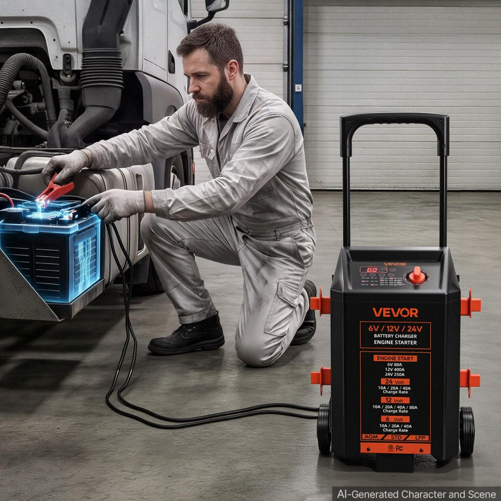VEVOR Wheeled Battery Charger 6V/12V/24V 80A/400A/250A Car Charger Starter, Heavy Duty Automotive Car Battery Maintainer Engine Start, Fully Automatic, with Wheels, for Lead-Acid and Lithium Batteries