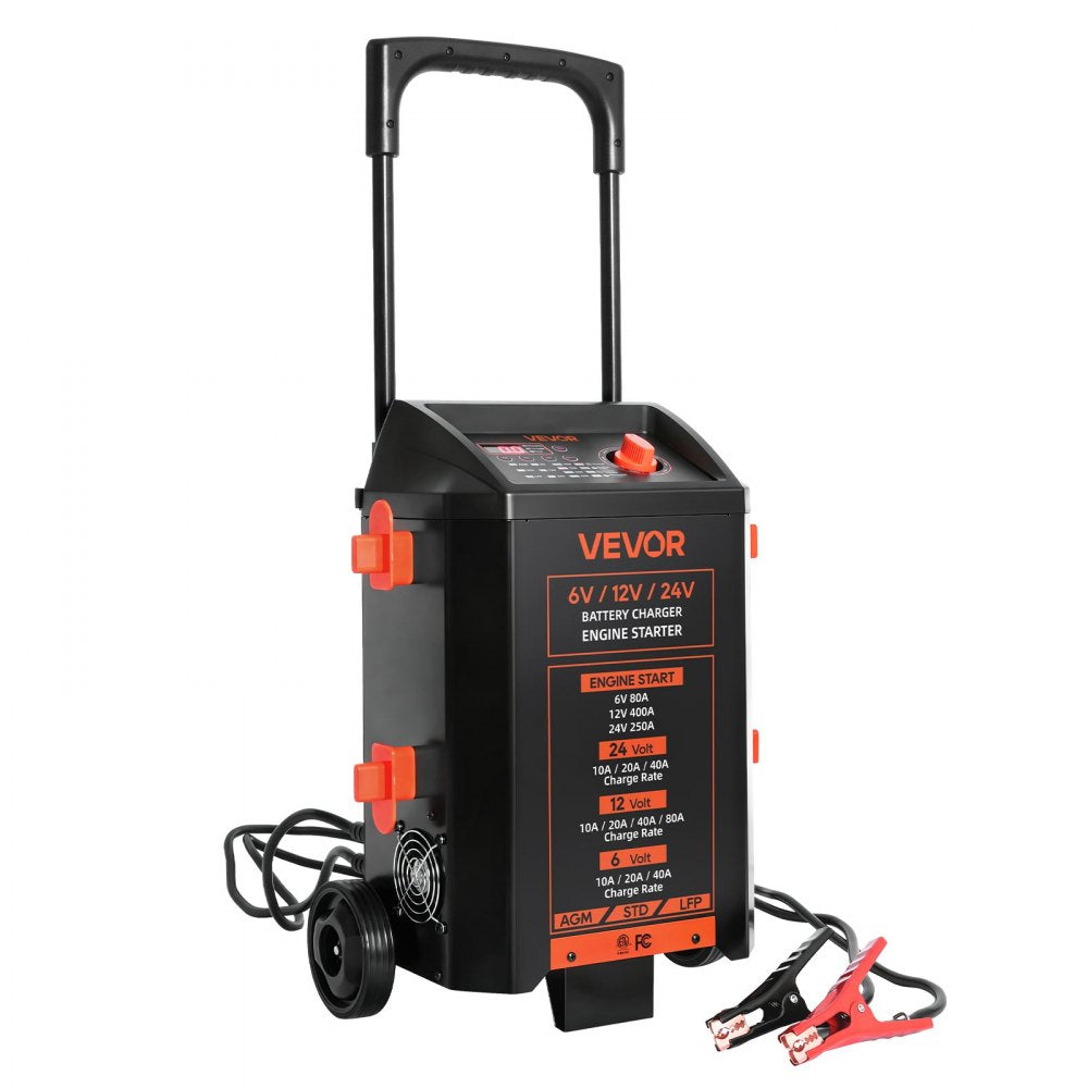 VEVOR Wheeled Battery Charger 6V/12V/24V 80A/400A/250A Car Charger Starter, Heavy Duty Automotive Car Battery Maintainer Engine Start, Fully Automatic, with Wheels, for Lead-Acid and Lithium Batteries