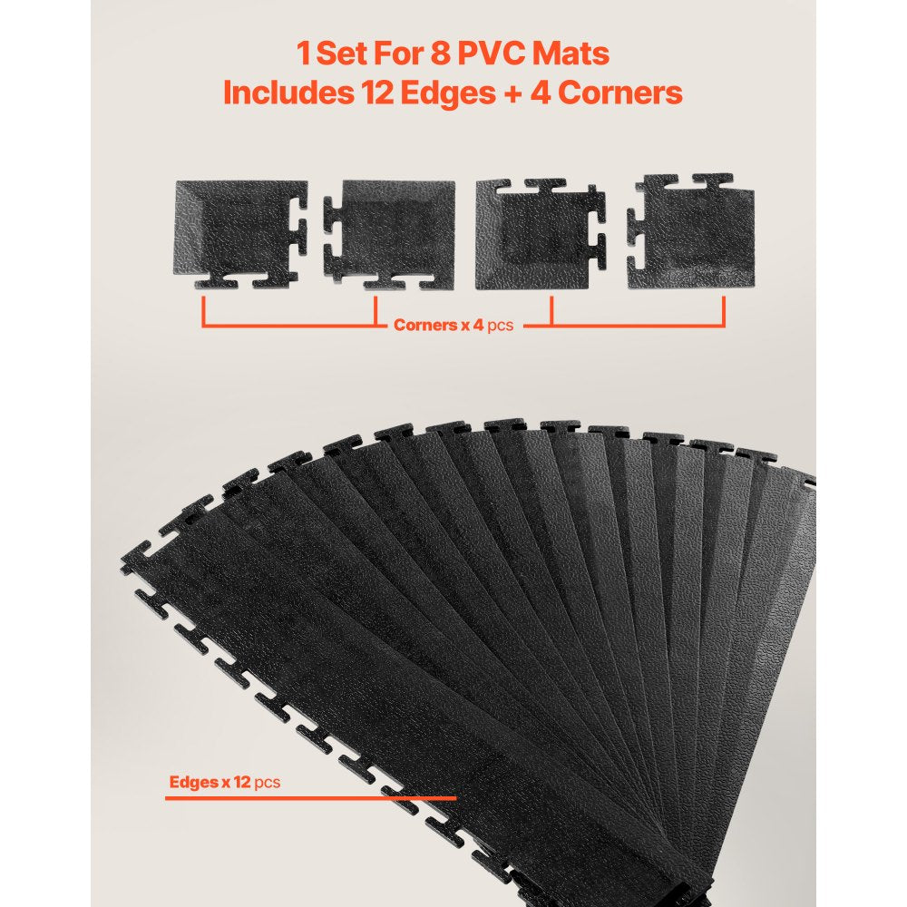 VEVOR Male Garage Floors Transition Edge Kit, 12 Edges and 4 Corners, Sturdy PVC Interlocking Modular Garage Floor Edging Slip-resistant, Compatible Only with VEVOR 4-Sided Interlocking Mats, Black