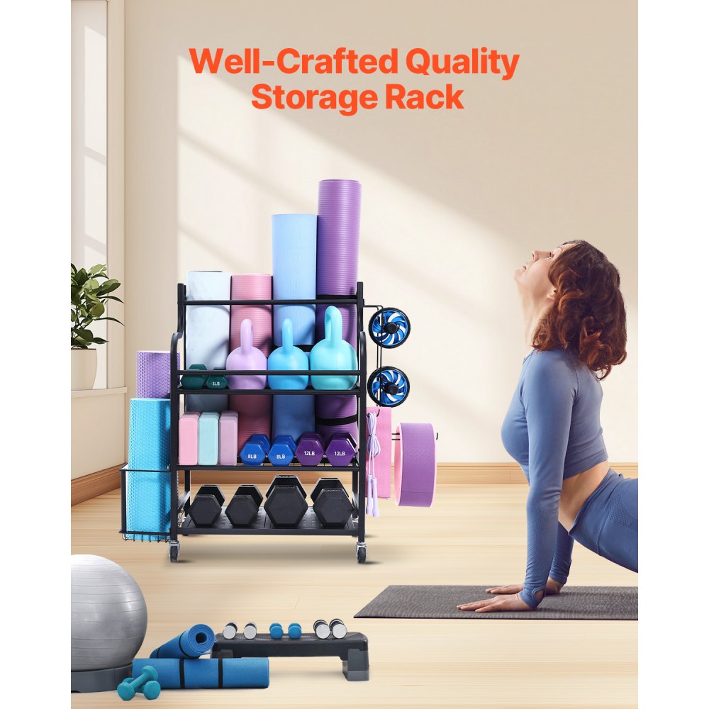 VEVOR Yoga Mat Storage Rack, Home Gym Workout Equipment Organizer, Powder Coated Finish Steel Yoga Mat Holder with Hooks & Wheels, Weight Rack for Dumbbell, Kettlebell, Foam Roller, and Yoga Strap