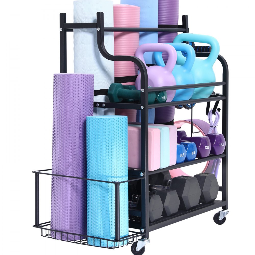 VEVOR Yoga Mat Storage Rack, Home Gym Workout Equipment Organizer, Powder Coated Finish Steel Yoga Mat Holder with Hooks & Wheels, Weight Rack for Dumbbell, Kettlebell, Foam Roller, and Yoga Strap