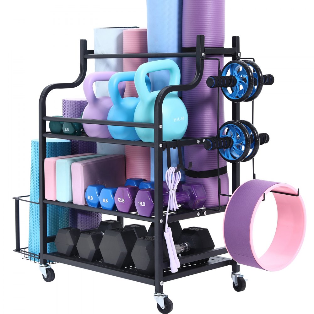 VEVOR Yoga Mat Storage Rack, Home Gym Workout Equipment Organizer, Powder Coated Finish Steel Yoga Mat Holder with Hooks & Wheels, Weight Rack for Dumbbell, Kettlebell, Foam Roller, and Yoga Strap