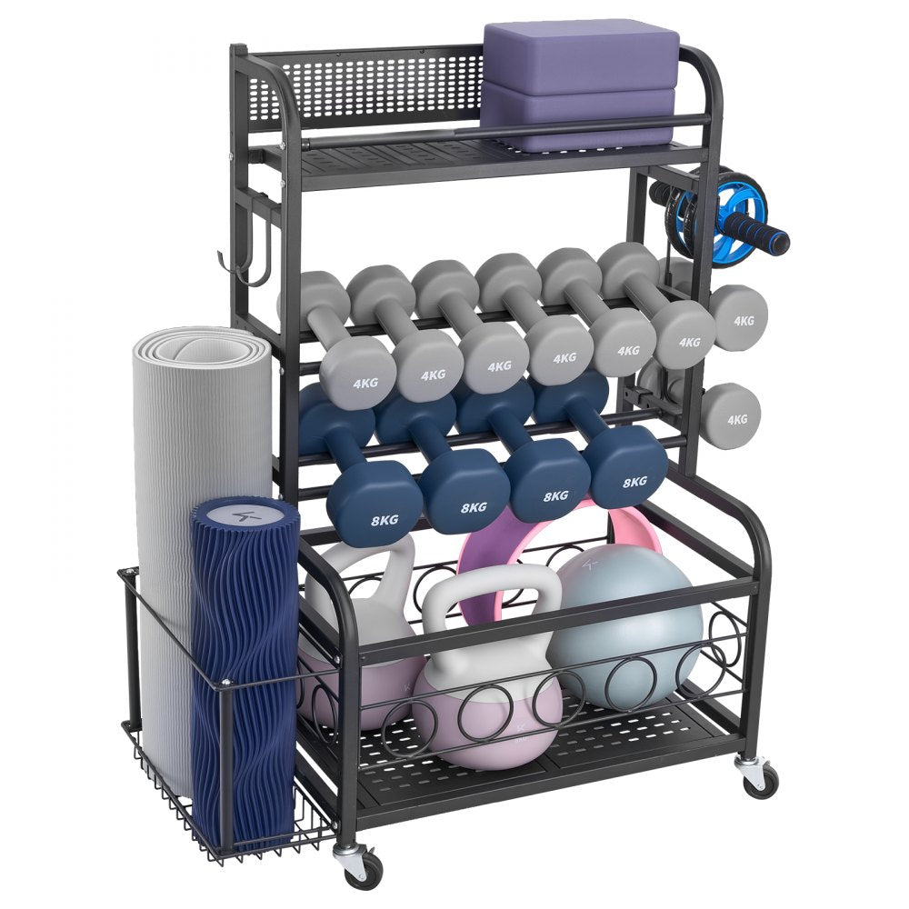 VEVOR Yoga Mat Storage Rack, Home Gym Workout Equipment Organizer, Powder Coated Finish Steel Yoga Mat Holder with Hooks & Wheels, Weight Rack for Dumbbell, Kettlebell, Foam Roller, and Yoga Strap
