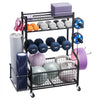 VEVOR Yoga Mat Storage Rack, Powder Coated Finish Steel Yoga Mat Holder, Home Gym Workout Equipment Organizer with Hooks & Wheels, Weight Rack for Foam Roller, Dumbbell, Kettlebell, and Yoga Strap