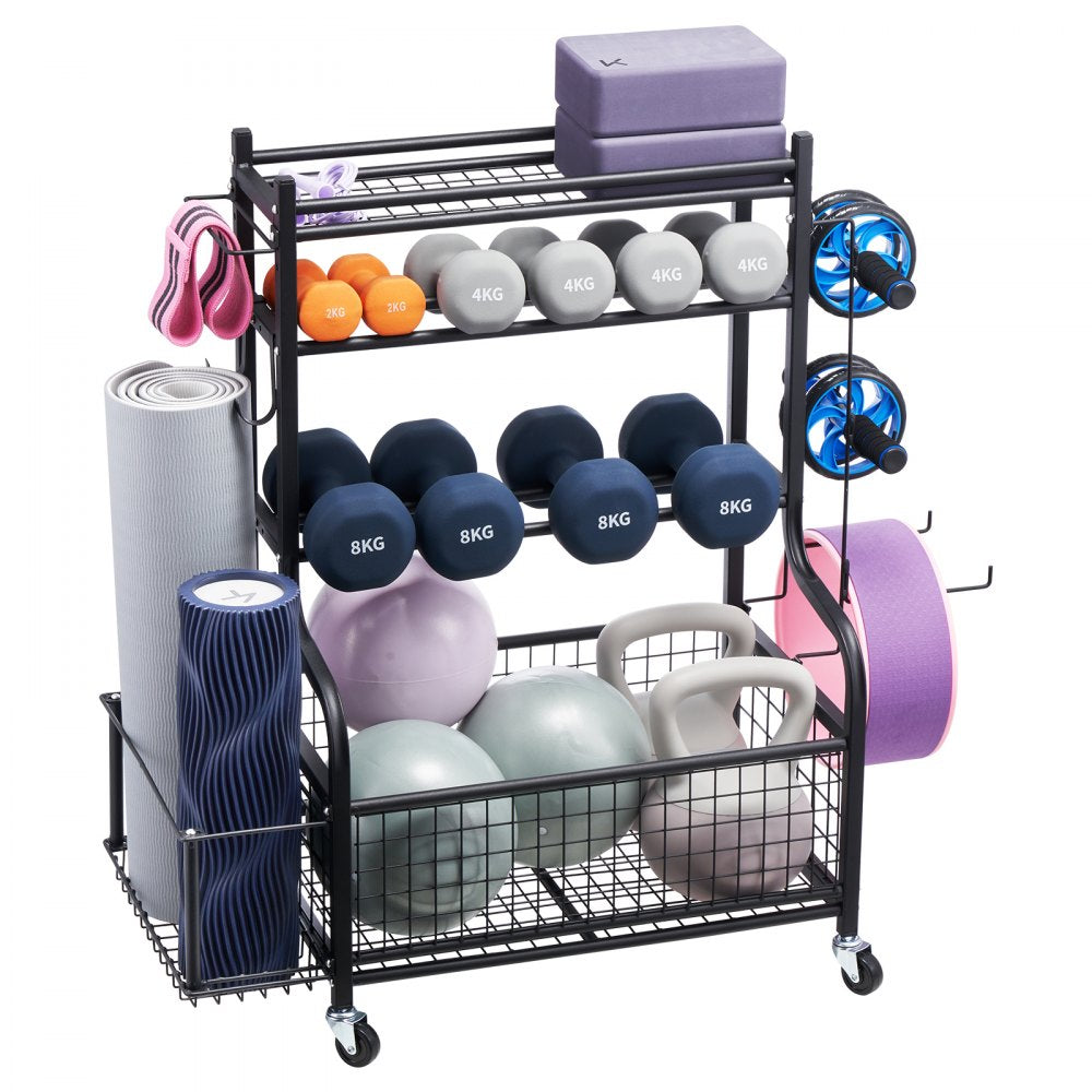 VEVOR Yoga Mat Storage Rack, Powder Coated Finish Steel Yoga Mat Holder, Home Gym Workout Equipment Organizer with Hooks & Wheels, Weight Rack for Foam Roller, Dumbbell, Kettlebell, and Yoga Strap