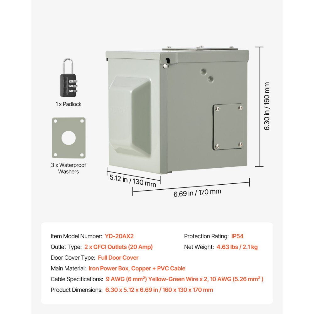 VEVOR Outdoor Electrical Outlet Box, Dual 20 AMP GFCI Receptacles, Electrical Outlet Panel Box with GFCI Protection, IP54 Weatherproof Power Plug Outlet Box, for Halloween Decorations, Patio Lights