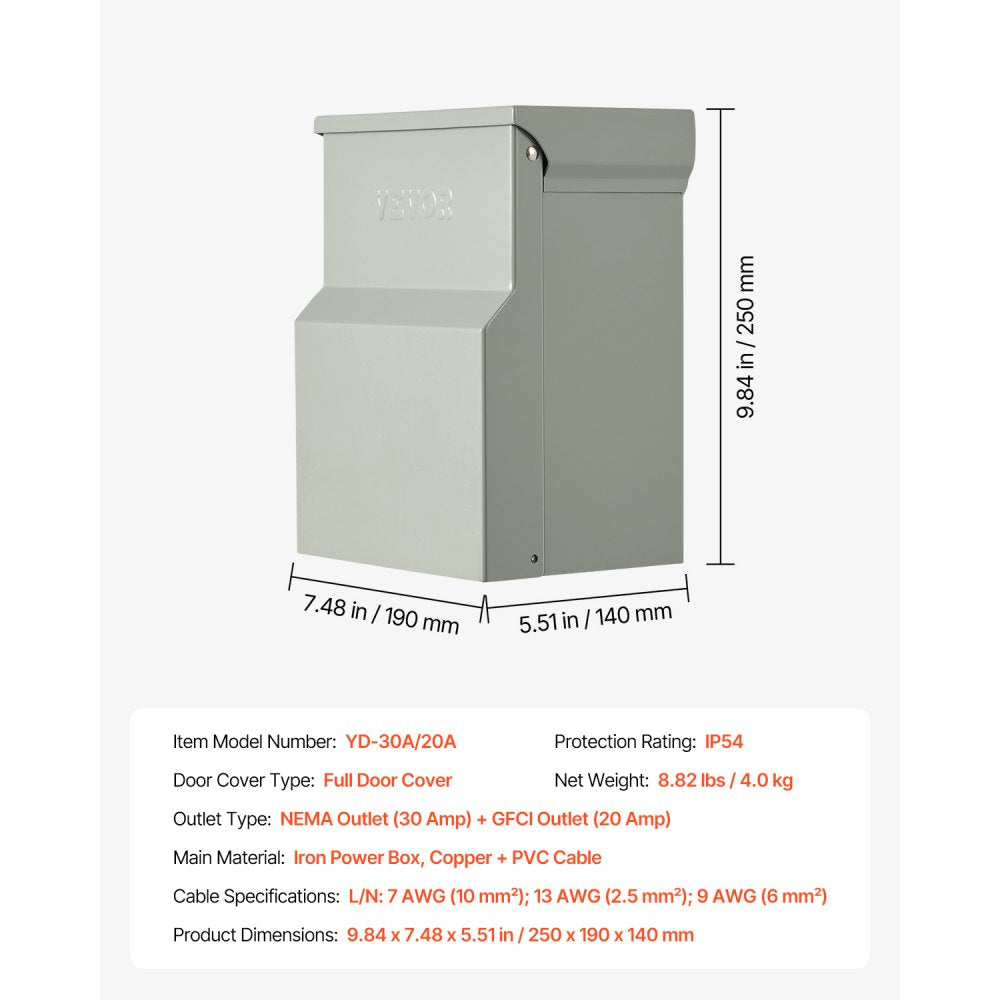 VEVOR Temporary Power Outlet Panel, 20 30 Amp, RV EV Electrical Outlet Panel with NEMA 30 Amp GFCI 20 Amp Receptacle Installed, Pre-Wired IP54 Weatherproof Box, for RV Camper Car Travel Motorhome