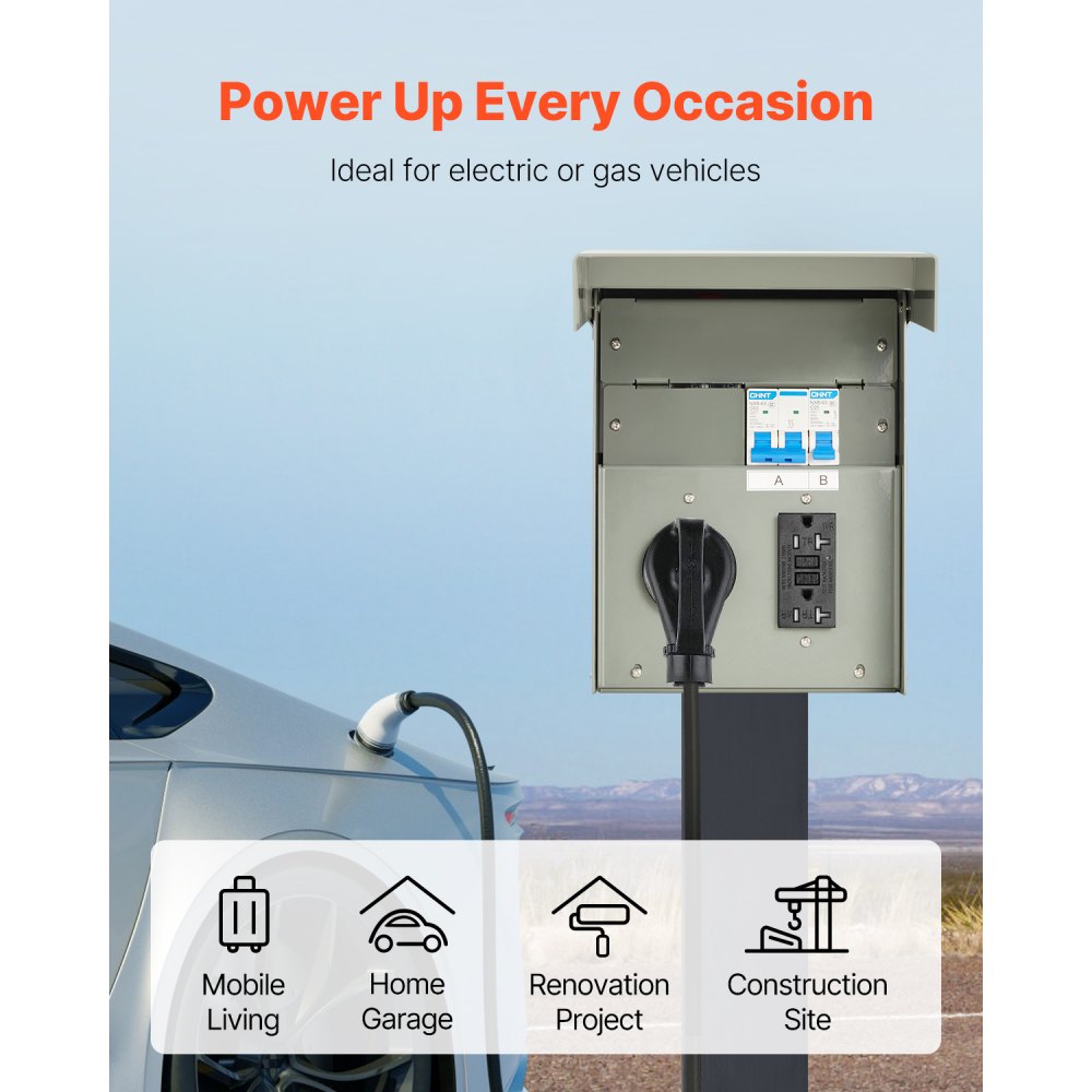 VEVOR Temporary Power Outlet Panel, 20 50 Amp, RV EV Electrical Outlet Panel with NEMA 50 Amp GFCI 20 Amp Receptacle Installed, Pre-Wired IP54 Weatherproof Box, for RV Camper Car Travel Motorhome