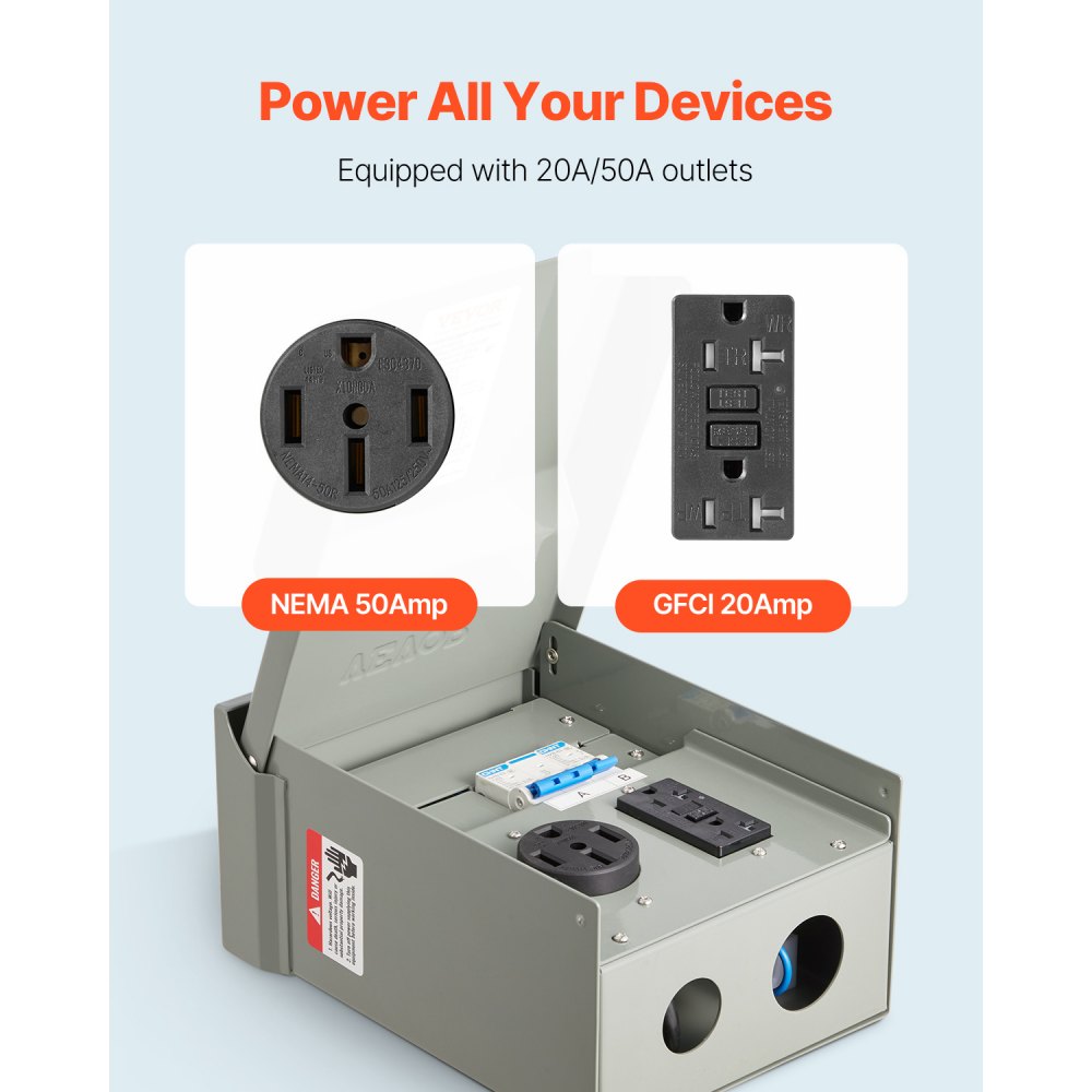 VEVOR Temporary Power Outlet Panel, 20 50 Amp, RV EV Electrical Outlet Panel with NEMA 50 Amp GFCI 20 Amp Receptacle Installed, Pre-Wired IP54 Weatherproof Box, for RV Camper Car Travel Motorhome