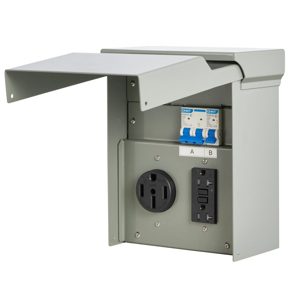VEVOR Temporary Power Outlet Panel, 20 50 Amp, RV EV Electrical Outlet Panel with NEMA 50 Amp GFCI 20 Amp Receptacle Installed, Pre-Wired IP54 Weatherproof Box, for RV Camper Car Travel Motorhome