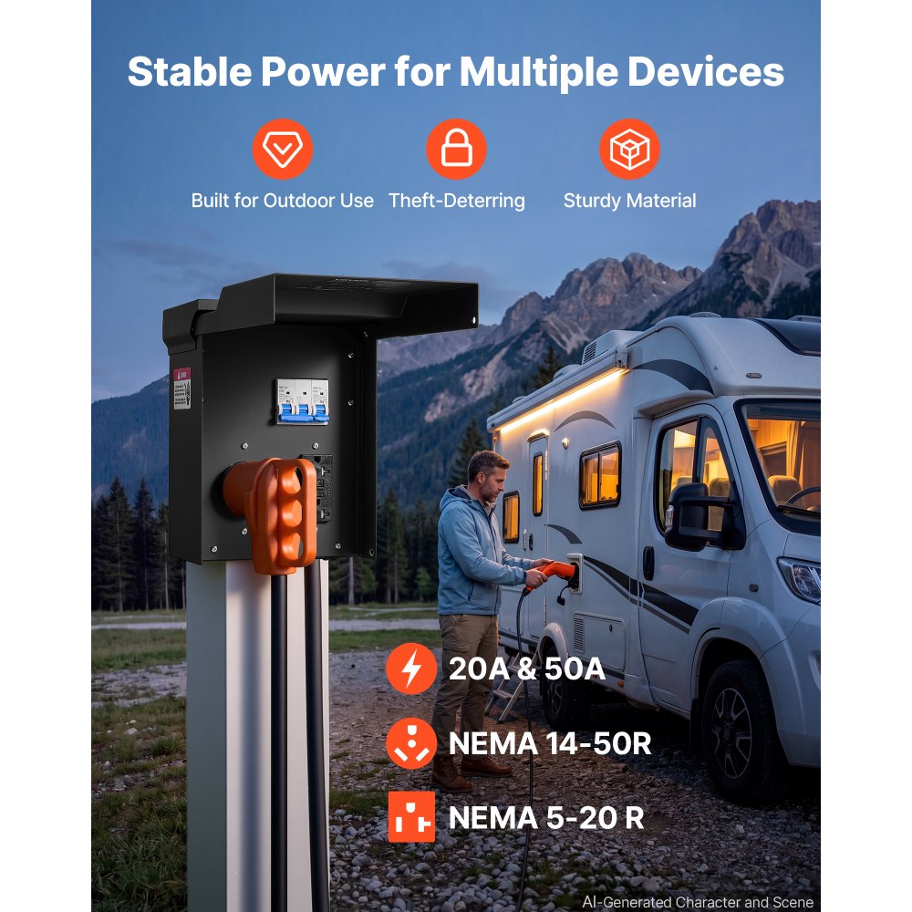 VEVOR 50 20 Amp RV Temporary Power Outlet Box Electrical Panel with Breaker, Weatherproof Electrical Outlet Box, with Prewired 50 Amp & 20 Amp GFCI Receptacle, for RV Camper, Travel Trailer, Motorhome