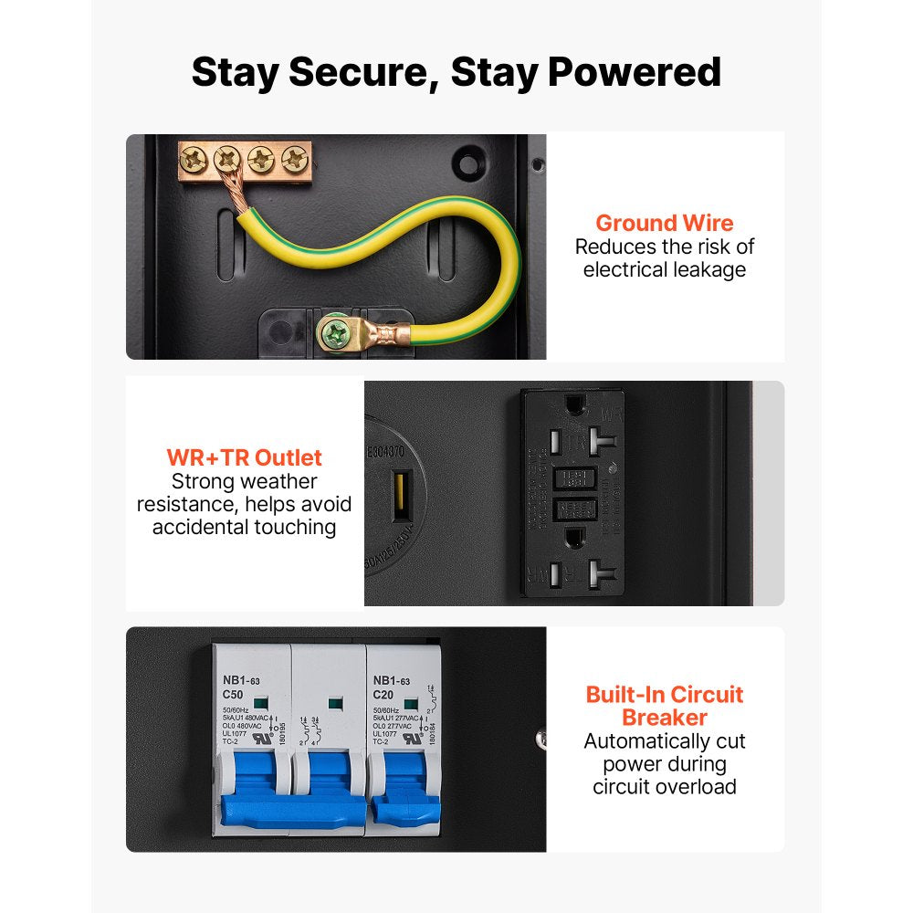 VEVOR 50 20 Amp RV Temporary Power Outlet Box Electrical Panel with Breaker, Weatherproof Electrical Outlet Box, with Prewired 50 Amp & 20 Amp GFCI Receptacle, for RV Camper, Travel Trailer, Motorhome