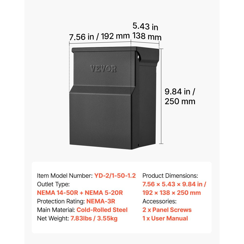 VEVOR 50 20 Amp RV Temporary Power Outlet Box Electrical Panel with Breaker, Weatherproof Electrical Outlet Box, with Prewired 50 Amp & 20 Amp GFCI Receptacle, for RV Camper, Travel Trailer, Motorhome