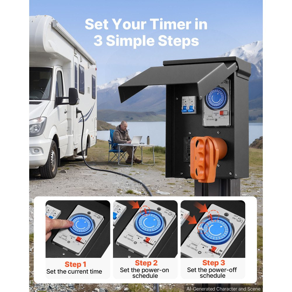 VEVOR Temporary Power Outlet Panel with Timer 30A/20A RV Electrical Box, for RV Hookup Camper Travel Trailer EV Electric Car, NEMA 30 Amp GFCI 20 Amp Receptacle Installed, NEMA 3R Weatherproof Box