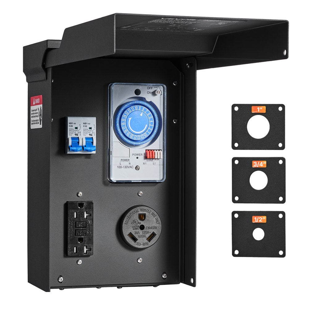 VEVOR Temporary Power Outlet Panel with Timer 30A/20A RV Electrical Box, for RV Hookup Camper Travel Trailer EV Electric Car, NEMA 30 Amp GFCI 20 Amp Receptacle Installed, NEMA 3R Weatherproof Box