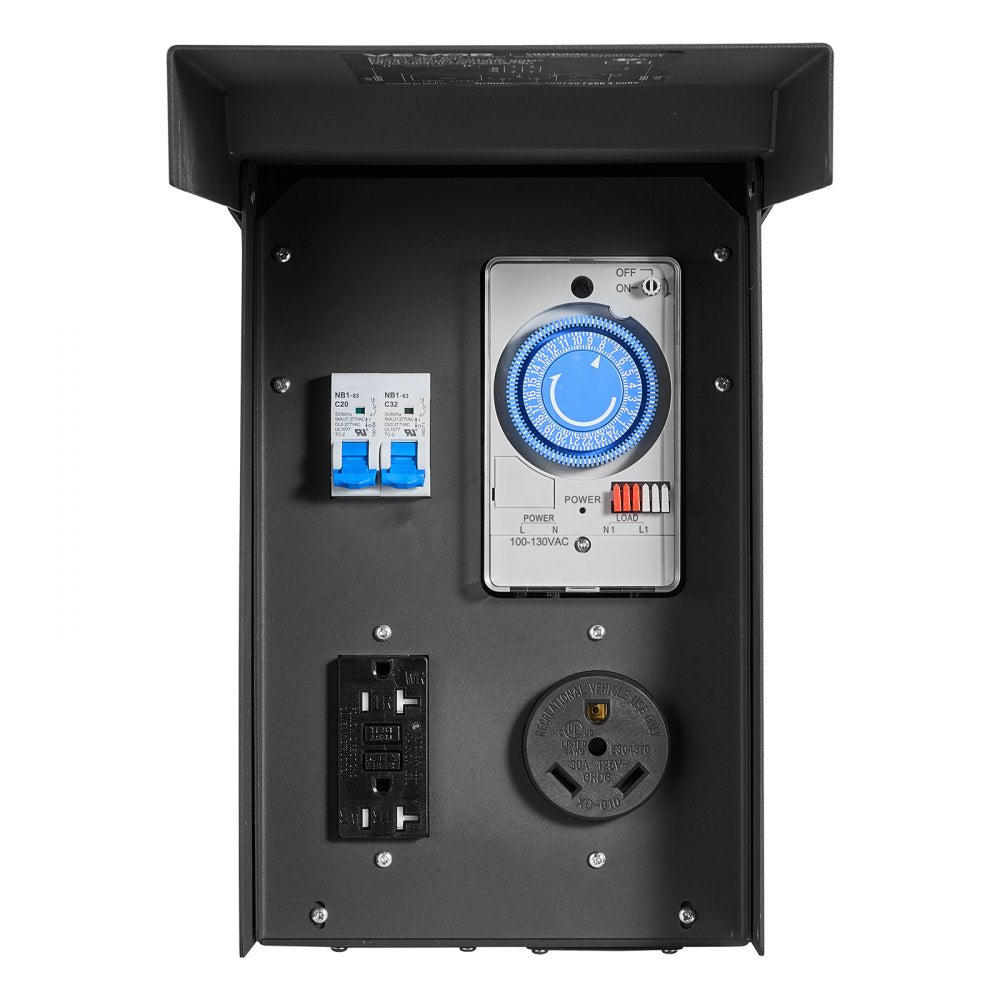 VEVOR Temporary Power Outlet Panel with Timer 30A/20A RV Electrical Box, for RV Hookup Camper Travel Trailer EV Electric Car, NEMA 30 Amp GFCI 20 Amp Receptacle Installed, NEMA 3R Weatherproof Box