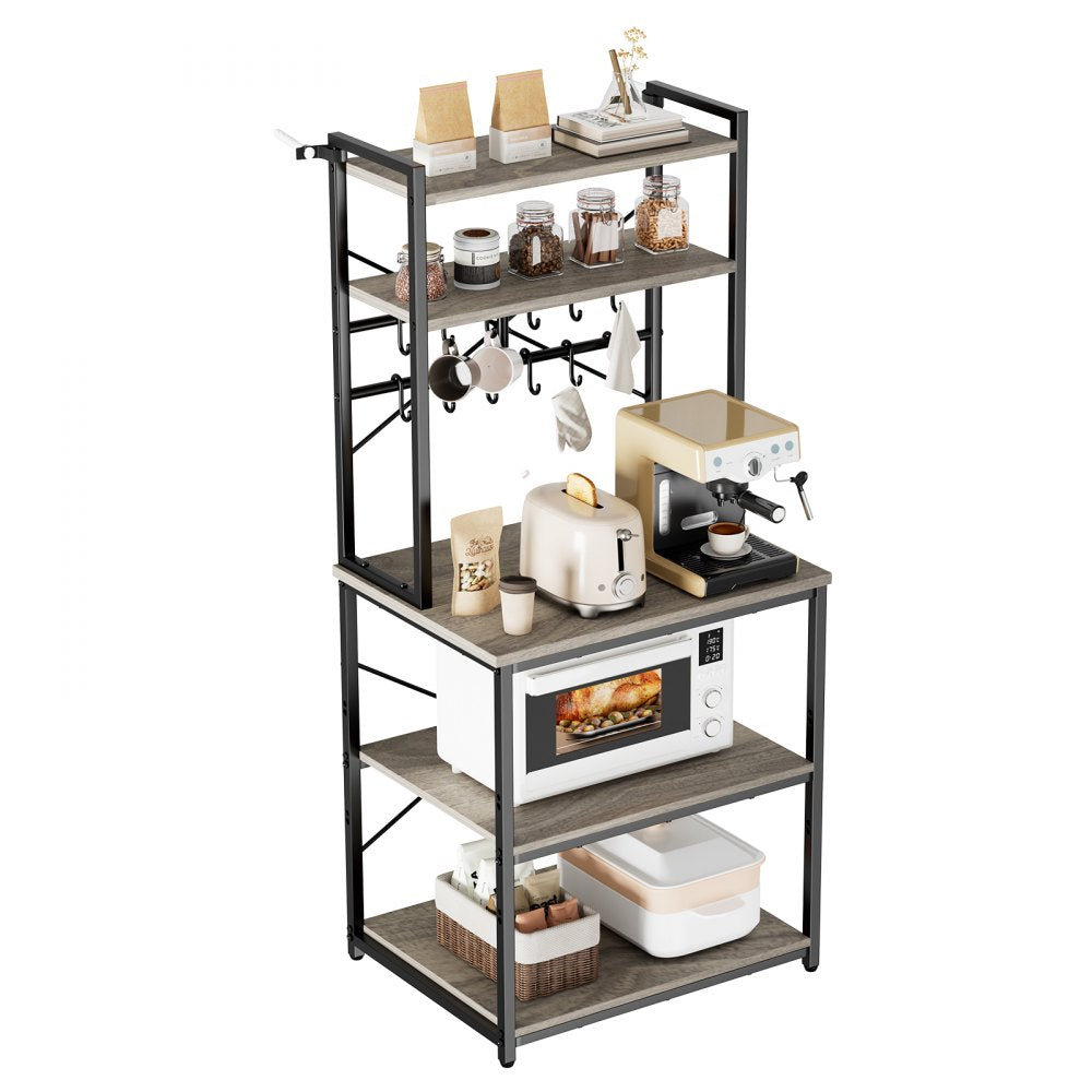 VEVOR Kitchen Bakers Rack, 23.6 inch Width Bakers Rack, Kitchen Stand with X-Shaped Support Bar, 12 S-Shaped Hooks, Double-Layer Top Shelf, Coffee Bar Stand for Dishes & Bowls, Spice Bottles