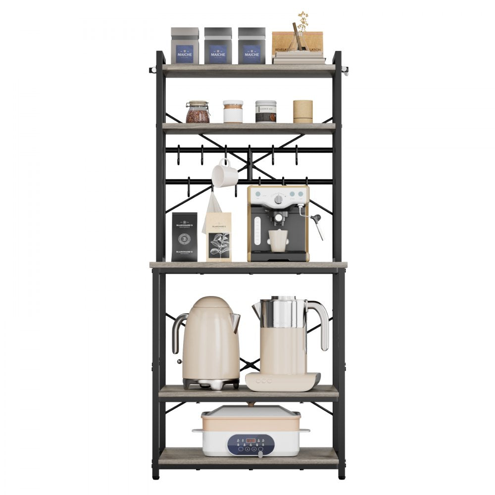 VEVOR Kitchen Bakers Rack, 23.6 inch Width Bakers Rack, Kitchen Stand with X-Shaped Support Bar, 12 S-Shaped Hooks, Double-Layer Top Shelf, Coffee Bar Stand for Dishes & Bowls, Spice Bottles