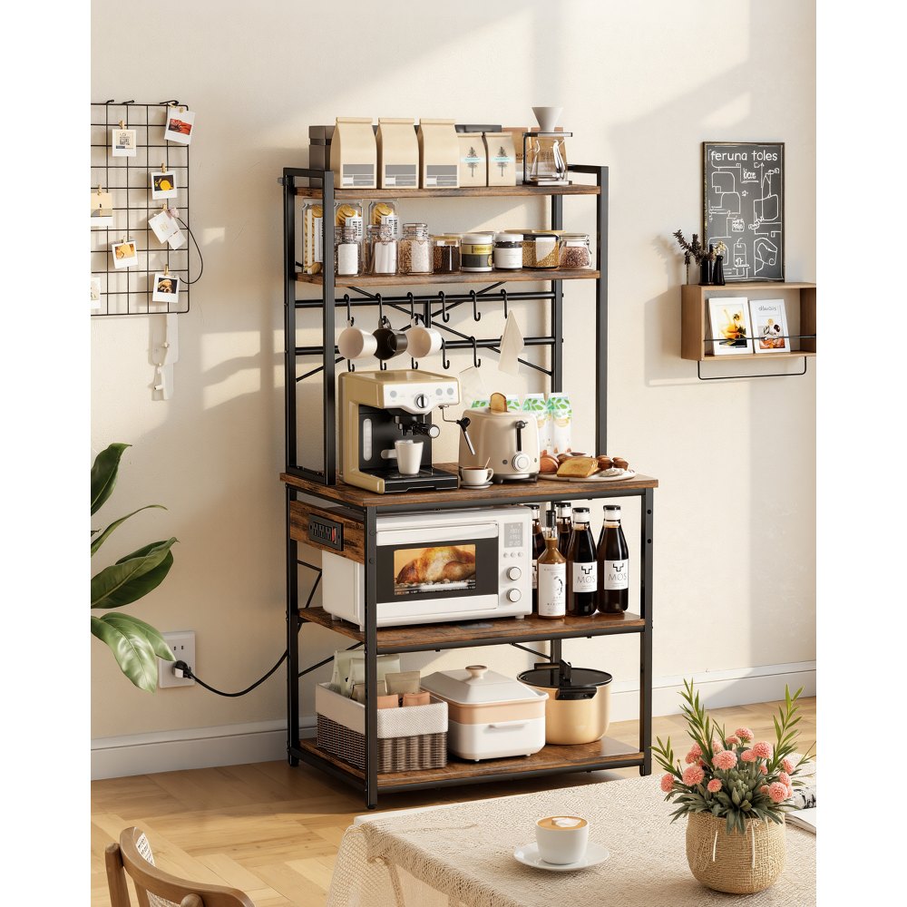 VEVOR Kitchen Bakers Rack, 5 ft Power Cable Bakers Rack with Power Outlet, Kitchen Stand with X-Shaped Support Bar, 12 S-Shaped Hooks, Coffee Bar Stand for Dishes, Spice Bottles, Built-In Power Strip