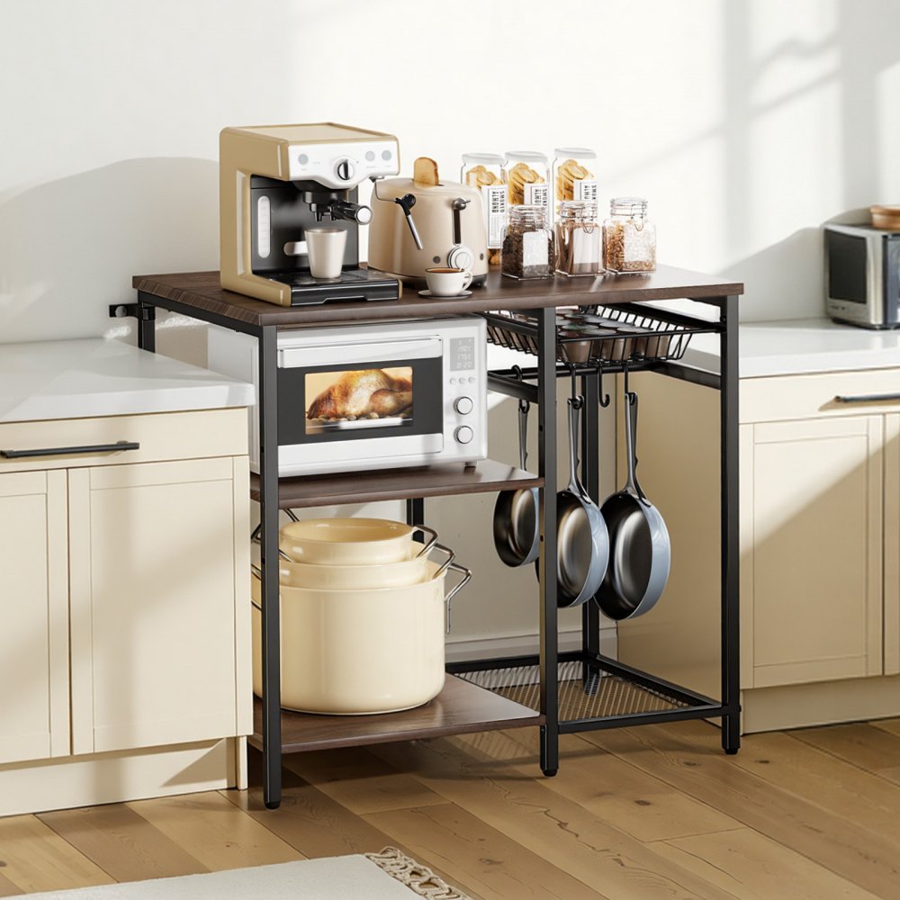 VEVOR Kitchen Bakers Rack, 35.4 inch Width Bakers Rack, Kitchen Stand with X-Shaped Support Bar, 5 S-Shaped Hooks, Multi-Layer Storage Shelf, Coffee Bar Stand for Dishes & Bowls, Spice Bottles