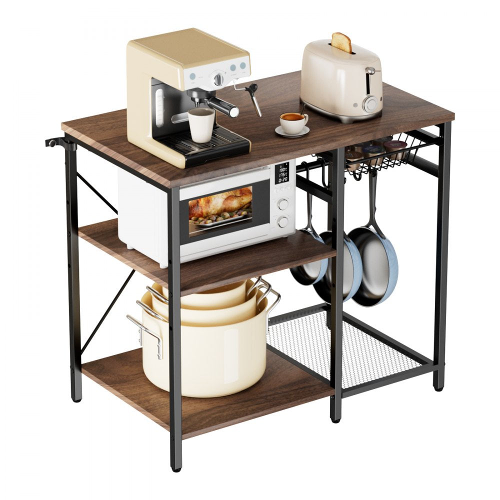 VEVOR Kitchen Bakers Rack, 35.4 inch Width Bakers Rack, Kitchen Stand with X-Shaped Support Bar, 5 S-Shaped Hooks, Multi-Layer Storage Shelf, Coffee Bar Stand for Dishes & Bowls, Spice Bottles