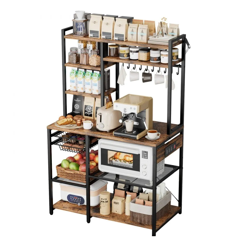 VEVOR Kitchen Bakers Rack, 5 ft Power Cable Bakers Rack with Power Outlet, Kitchen Stand with X-Shaped Support Bar, 10 S-Shaped Hooks, Coffee Bar Stand for Dishes, Spice Bottles, Built-In Power Strip
